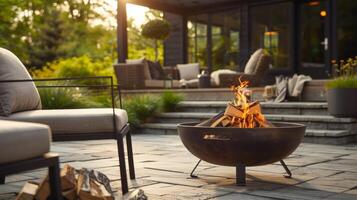 The fire pit is a versatile feature serving as a source of warmth and light during cooler evenings and transforming into a stylish centerpiece when not in use. 2d flat cartoon photo