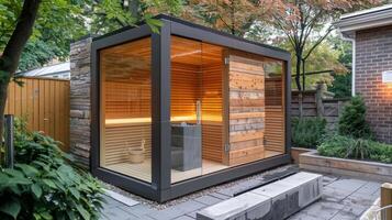 A sauna built onto a small outdoor patio providing a private and spaceconscious way to enjoy the benefits of a sauna at home. photo