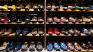 An organized shelf of loafers showcases the variety of colors and materials used in their creation photo