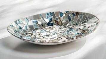 A ceramic serving platter adorned with pieces of broken mirror and mosaic tiles creating a stunning and reflective centerpiece. photo