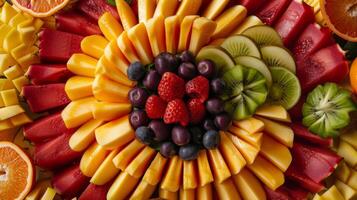un elegante plato de exótico frutas arreglado a asemejarse a un vibrante ramo de flores de colores y formas foto