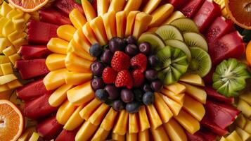 An elegant platter of exotic fruits arranged to resemble a vibrant bouquet of colors and shapes photo