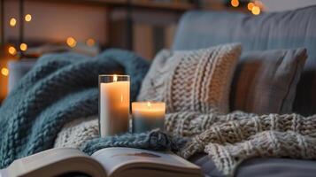 el suave ligero desde el velas crea un sentido de intimidad y comodidad haciendo esta leyendo esquina el ideal sitio a relajarse. 2d plano dibujos animados foto