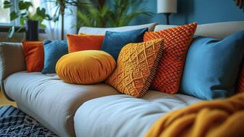 A cozy living room is accented with a vibrant geometric throw pillow featuring an eyecatching pattern of overlapping triangles in shades of orange teal and yellow photo