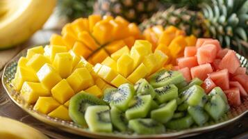 Next up is a vibrant tropical fruit platter featuring ripe mango papaya pineapple and kiwi the perfect combination of sweet and tangy flavors photo