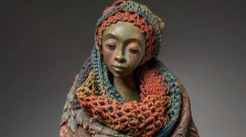 A whimsical ceramic figure adorned with a crocheted shawl showcasing the unexpected pairing of clay and fiber in art. photo