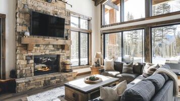 A rustic living room featuring a modular fireplace with stone accents and adjustable modules for added warmth. 2d flat cartoon photo