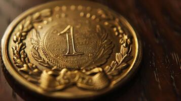 A closeup shot of a shiny gold medal with 1 Year Sober engraved on it photo