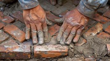 The intricate pattern of bricks and mortar taking shape under the precise movements of the masons hands photo