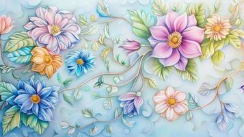 Soft pastelcolored flowers and vines brought to life using smooth and precise coloring pencils photo