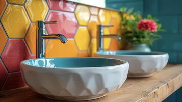 A unique and playful backsplash in a bathroom featuring brightly colored hexagonal tiles in a geometric pattern creating a fun and energizing atmosphere photo