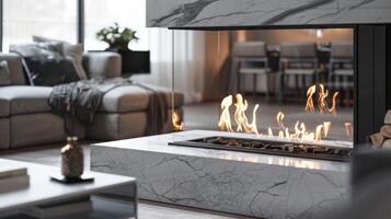 A luxurious doublesided fireplace in a modern living room with a marble surround and a sleek black metal frame. The dancing flames provide a stunning focal point to 2d flat cartoon photo