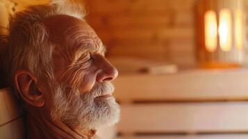 An older man using a sauna to improve his circulation and reduce the risk of heart disease and other cardiovascular issues. photo