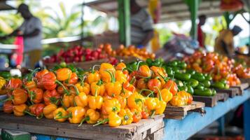 Discover the islands famous scotch bonnet peppers a staple in the local cuisine at one of the markets many stands photo