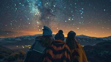 amigos grupo juntos envuelto en calentar mantas como ellos maravilla a el belleza de el constelaciones encima foto