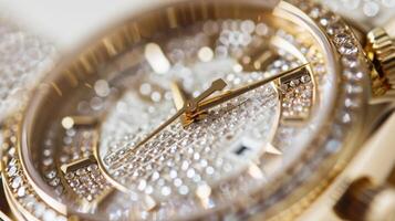 A closeup of a designer watch with a gold band and sparkling diamond accents adding a touch of luxury photo