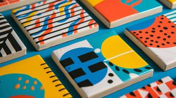 A set of ceramic coasters with a playful retroinspired design featuring bold colors and geometric shapes reminiscent of 1960s pop art. photo