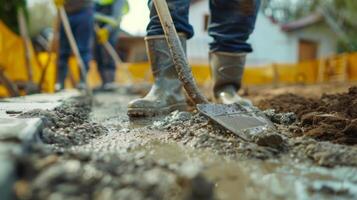 The workers using brushes and tools to remove excess concrete and create precise edges and corners an important step in ensuring a structurally sound foundation photo