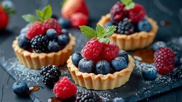 A trio of mini fruit tarts filled with seasonal berries and a honey drizzle for sweetness photo