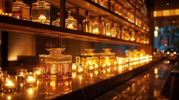 el bar estantería son forrado con alumbrado por velas botellas fundición un dorado matiz en el pulido de madera mostrador y destacando el intrincado cristalería. 2d plano dibujos animados foto