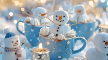 A winter wonderland party with ice skating and hot chocolate mocktails served in mugs with marshmallow snowmen photo