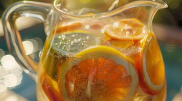 A refreshing pitcher of lemonade with slices of citrus fruit floating inside photo