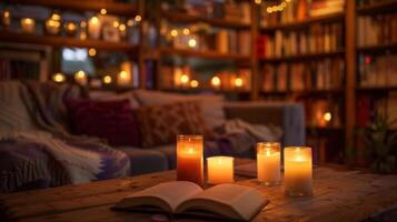 The scent of vanilla and lavender wafts through the air emanating from the array of candles tered around the reading nook. 2d flat cartoon photo