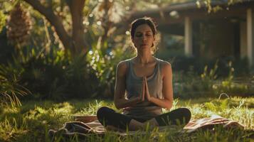 un atención plena meditación sesión en un pacífico al aire libre ajuste promoviendo mental claridad y estrés alivio foto