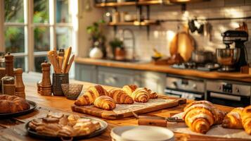 un acogedor cocina salón de clases lleno con el tentador aroma de recién horneado croissants en un francés pastelería taller foto