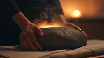 un persona suavemente masajear su abdomen con un calentado sauna Roca el calor y presión promoviendo sano fluir y ayudando en digestión. foto