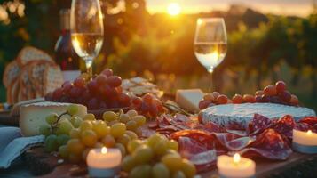 As the sun sets the candles become the primary source of light making the wine and cheese spread even more alluring and appetizing. 2d flat cartoon photo