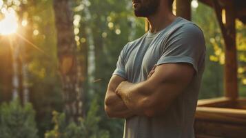 A person doing stretches and yoga poses in a quiet outdoor area to cool down after the sauna. photo