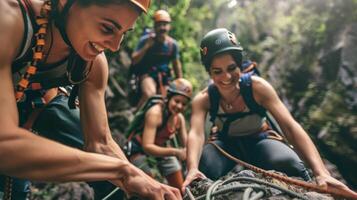 A group of friends bonding over adrenalinefilled activities like rock climbing and ziplining all without the use of alcohol photo