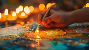 As the candles burn low the workshop takes on a mesmerizing glow bringing out the vibrant colors of the paintings being created. 2d flat cartoon photo