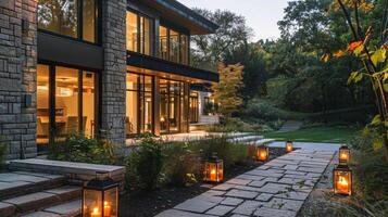 A row of lanterns glows along the stone path leading to a modern home with a fusion of traditional and modern elements. 2d flat cartoon photo