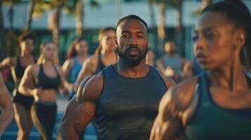 A personal trainer leads a group of individuals through a series of intense exercises reminding them of the health benefits of incorporating fresh juices into their diets photo