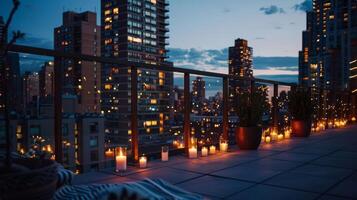 The rooftop is surrounded by the cityscape with tall buildings and glimmering lights creating a stunning contrast to the peacefulness of the candlelit setting. 2d flat cartoon photo