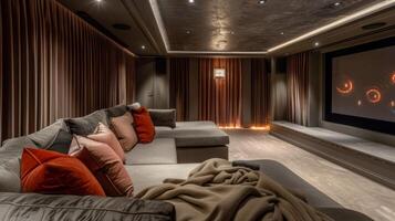 A personal cinema room complete with a custom home theater system designed for the ultimate movie buff photo