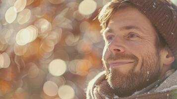 con un contenido sonrisa en su cara él abre su ojos sensación rejuvenecido y agradecido para el consciente de viaje él sólo tomó con chocolate foto