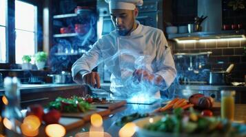 A private chef meticulously preparing a delectable multicourse meal in a home kitchen photo