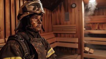 A firefighter in the sauna covered in a mixture of natural oils and clay using a sauna mask to purify and rejuvenate his skin. photo