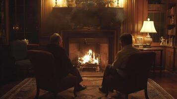 In a dimly lit study a father and son share an intimate conversation by the fireplace bonding over the crackling flames. 2d flat cartoon photo