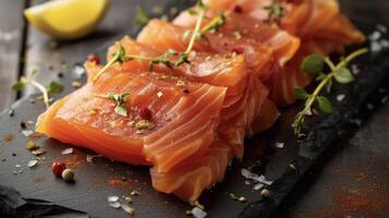 oferta copos de ahumado salmón infundido con un profundo ahumado esencia sin problemas complementando el natural sabores de el pescado foto