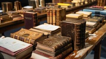 A collectors proud display of rare books at a book fair each one accompanied by a detailed description and the story of how it was acquired photo