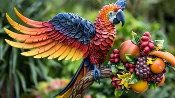 un vistoso loro esculpido desde un mezcla de tropical frutas con sus alas untado en vuelo foto