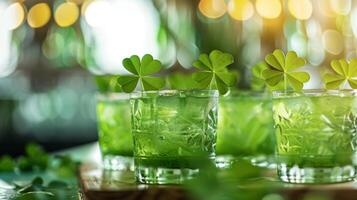 A display of Irishinspired mocktails adorned with clovershaped garnishes and vibrant green hues photo