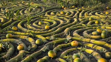 arremolinándose patrones de verde y amarillo papayas cubrir el suelo de un vibrante Fruta huerta foto