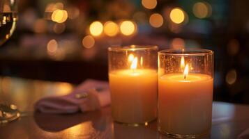 Soft warm light radiates from a of candles creating a cozy atmosphere for sipping and savoring. 2d flat cartoon photo