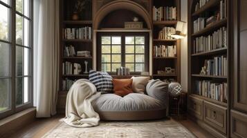 A cozy reading nook designed by an interior designer to make use of a small unused corner in the home. Featuring comfortable seating warm lighting and shelves filled wit photo