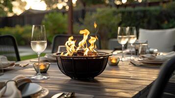 un al aire libre cena fiesta es hecho incluso más especial con el adición de un acogedor fuego pozo en el centrar de el mesa. 2d plano dibujos animados foto